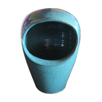 Cache pot en céramique ou grés émaillé bleu turquoise signé