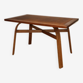 Table vintage en chêne massif et raphia tressé, 1950