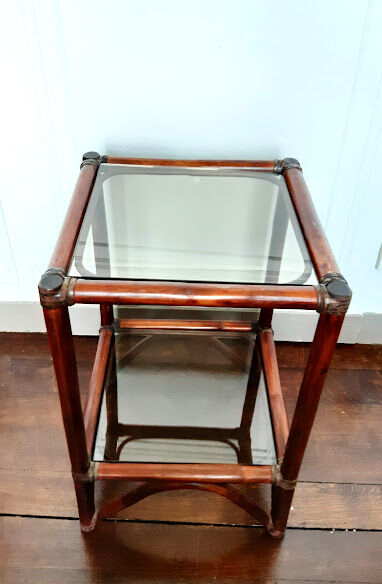 Rattan shelf and smoked glass 1970