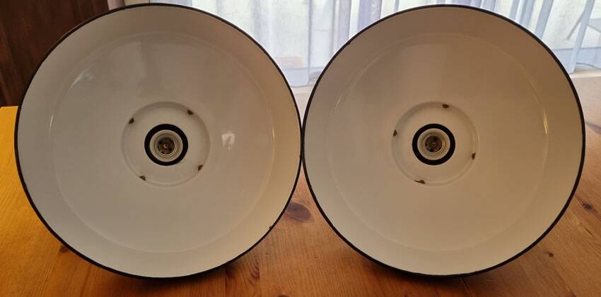 1 Pair of restored Mazda reflecto-lux enamelled industrial pendant lamps