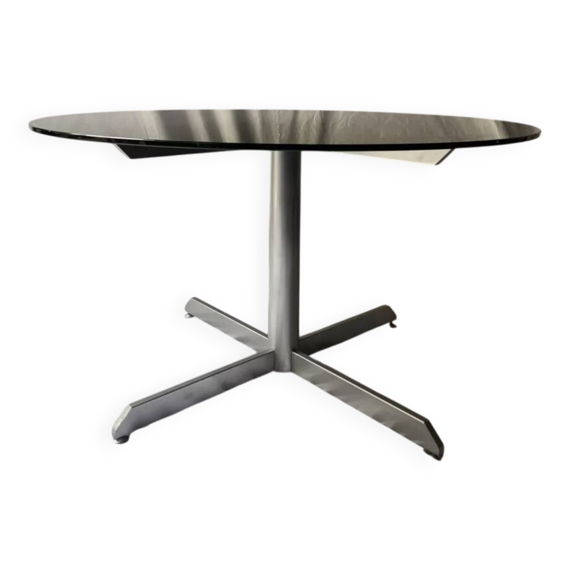 Round designer dining table in metal and smoked glass, Roche Bobois 1970