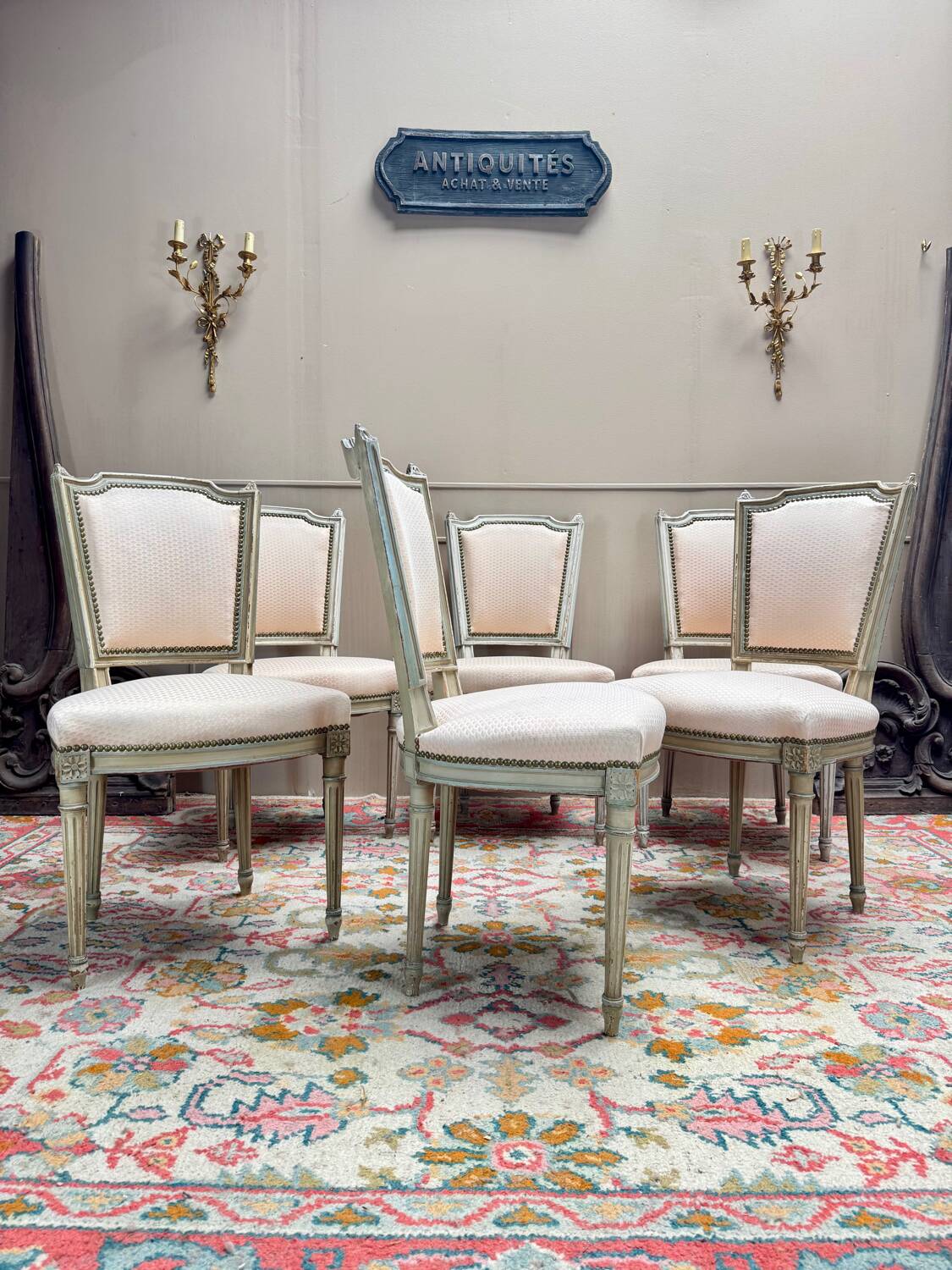 Set of Six Louis XVI Style Lacquered Wood Chairs, 19th Century