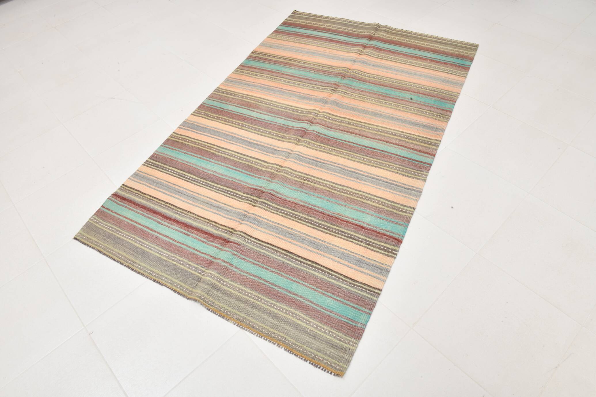 4x7 Pale Orange & Mint Green Striped Wool Kilim Rug, Washable Rug,126x210Cm