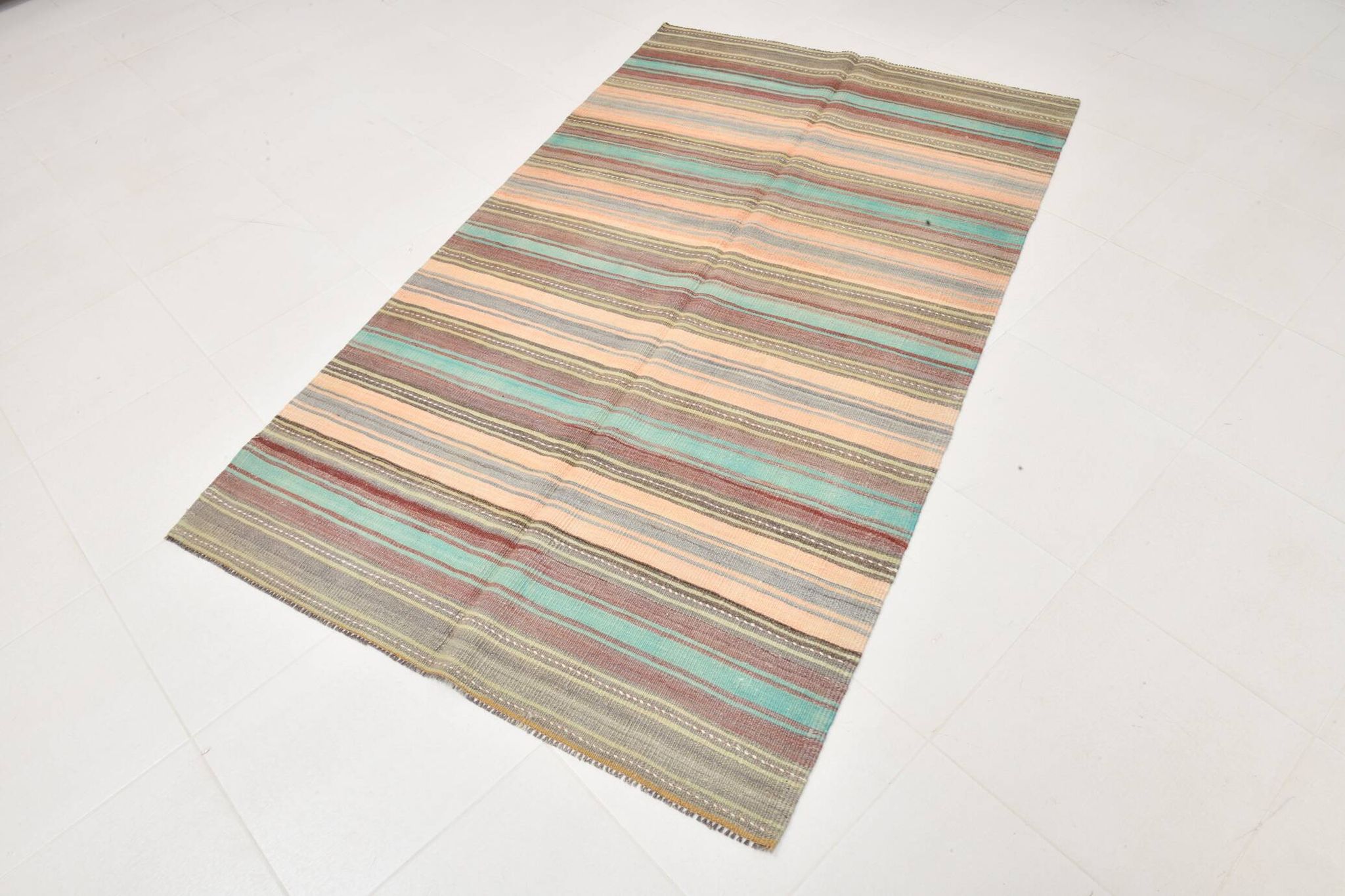 4x7 Pale Orange & Mint Green Striped Wool Kilim Rug, Washable Rug,126x210Cm