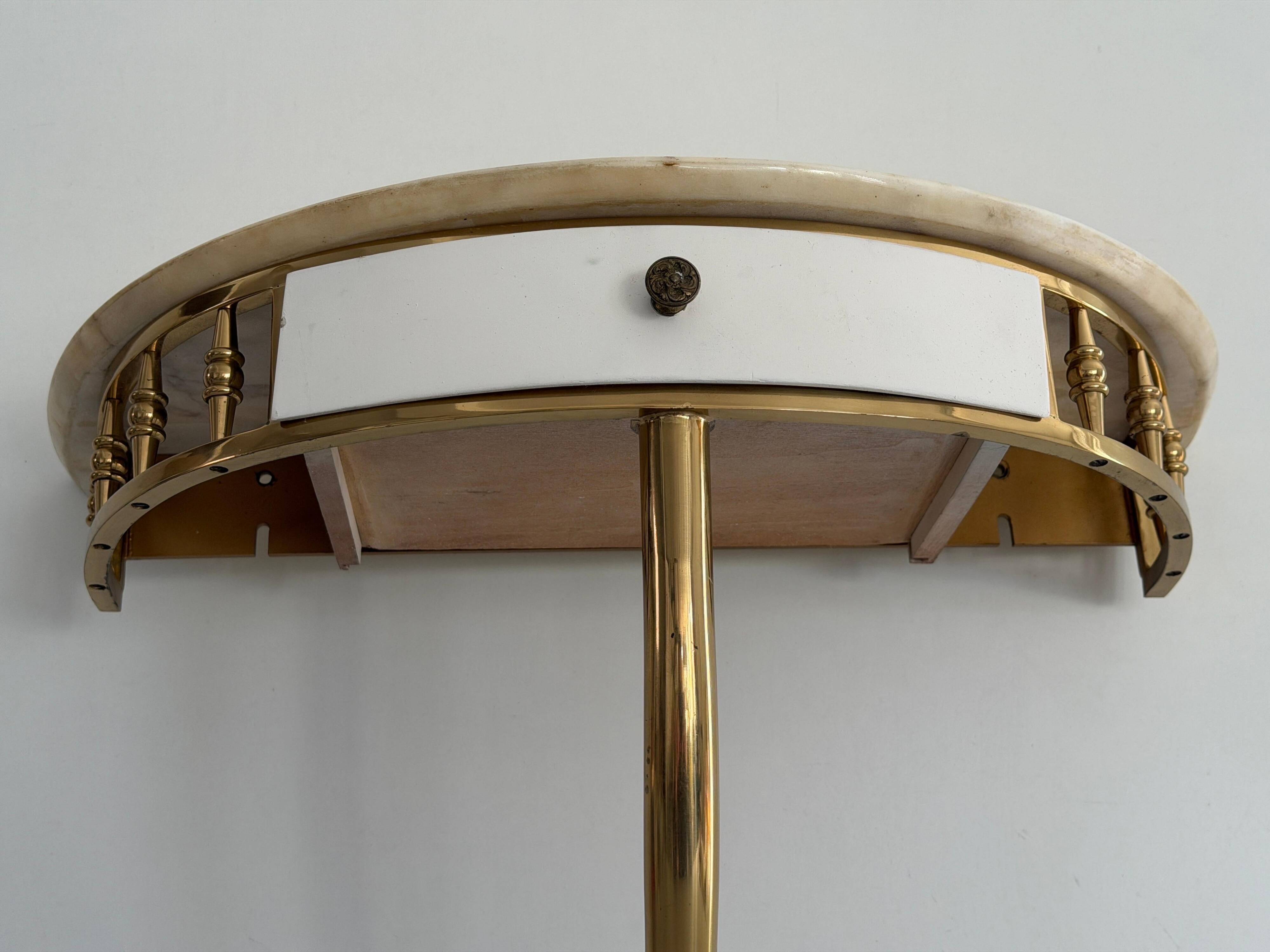 Floating wall console with drawer, brass body and marble top, 1960s, Italy