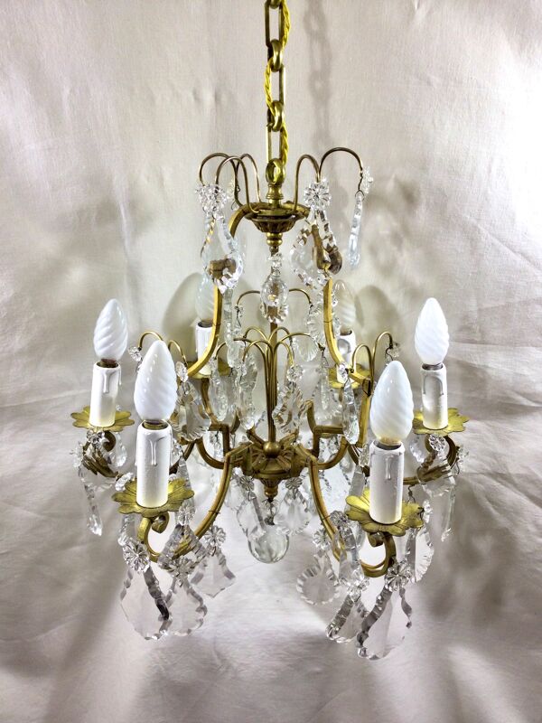 Lustre cage 6 lumières en bronze et cristal