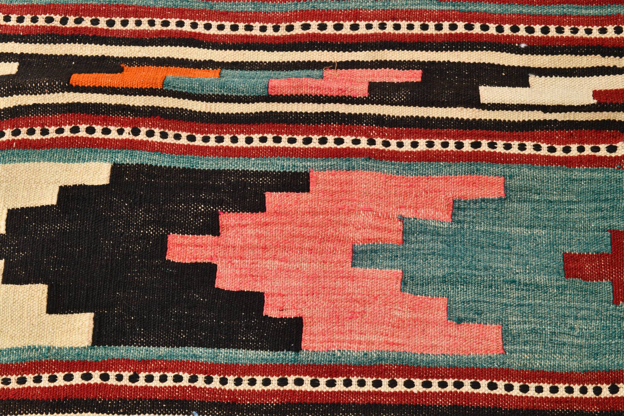 2x13 Green & Red Stair Kilim Runner Rug, 72x387Cm