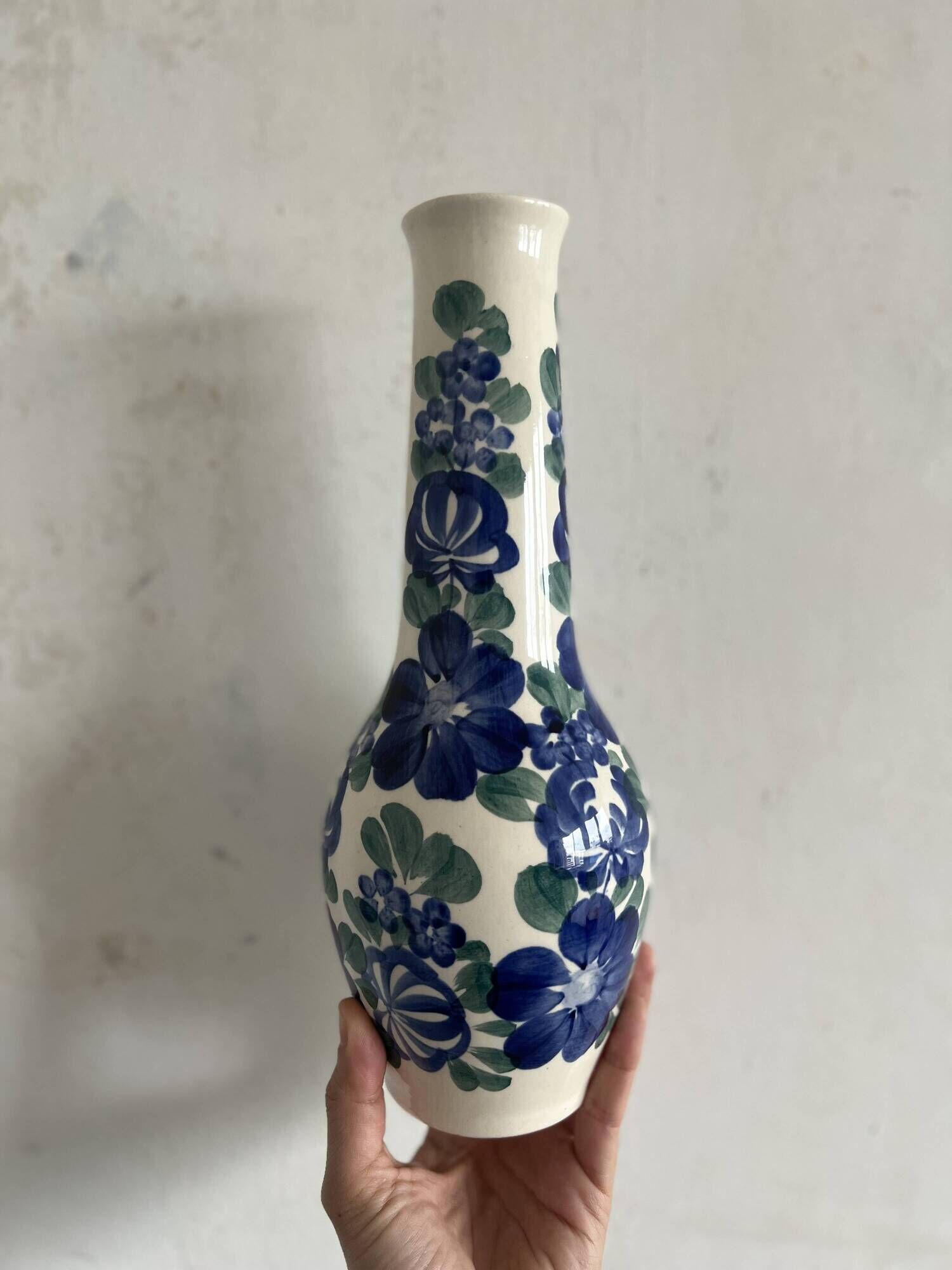 Lot of large Polish ceramic vases with hand-painted blue floral decoration