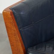 2.5-Seater Art Deco Sofa with Woodwork and Dark Blue Cowhide Leather