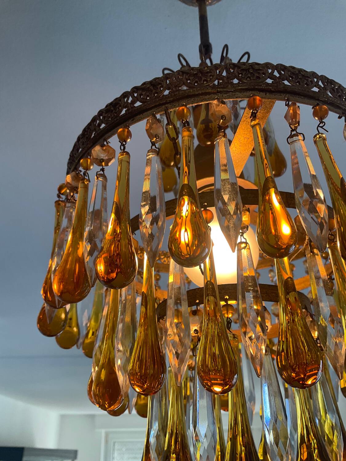 Vintage chandeliers with amber glass tassels and drops
