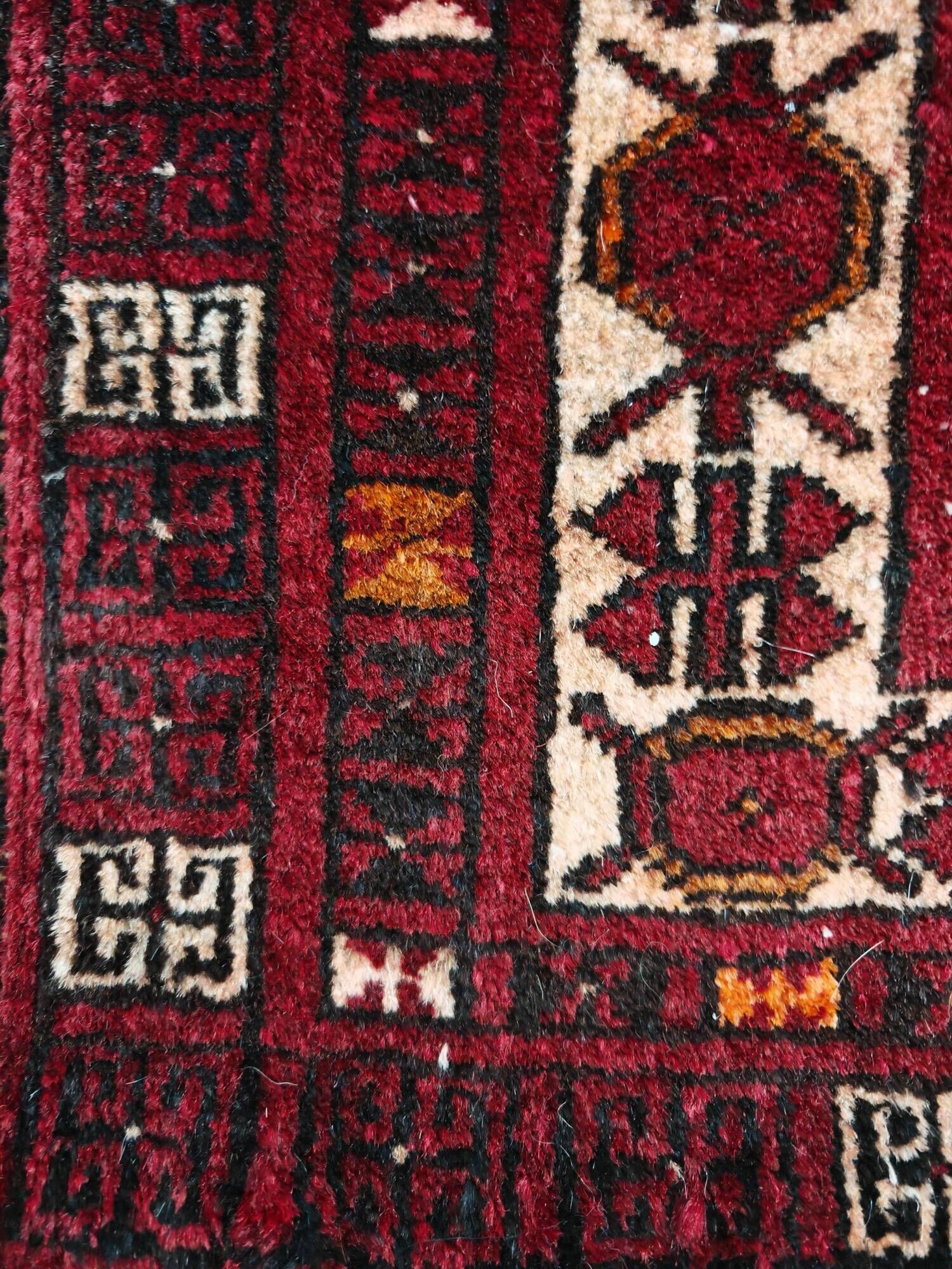 Vintage Afghan tribal prayer rug, hand-knotted from the 1950s.