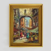 Oil on cardboard market scene 47.5X37 cm - 18.70X14.56 ". Signed