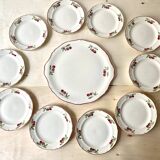 "Cherries" dessert service by Gien vintage, pie dish + 10 dessert plates, Faien ceramic