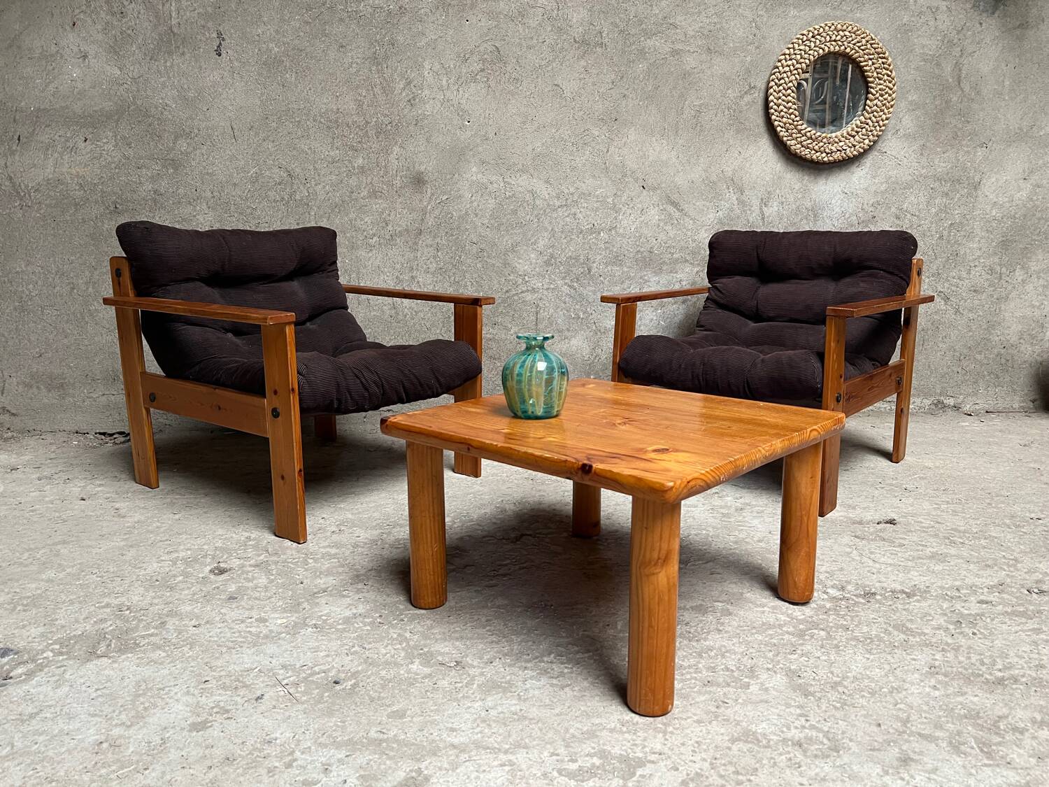 Pair of vintage pine armchairs 1970 1980 design look