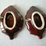 Set of 2 old Vallauris ramekin bowls with small retro decorative leaves