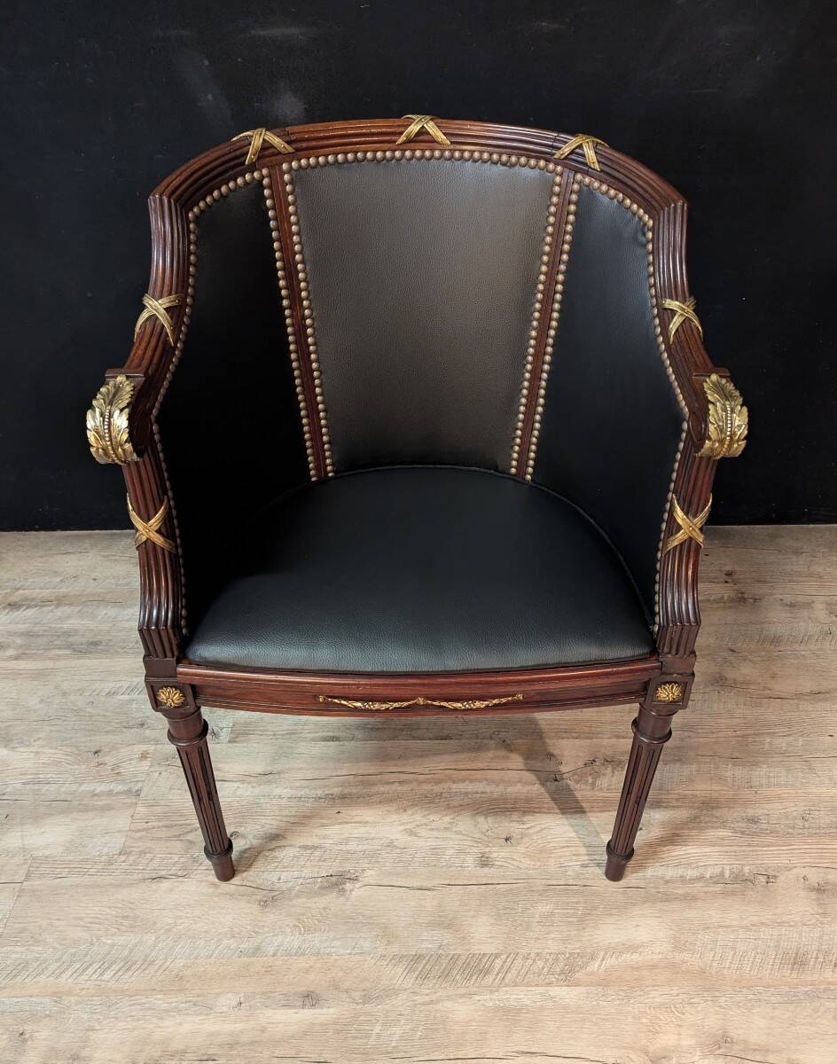 Louis XVI style office chair in mahogany and gilded bronze