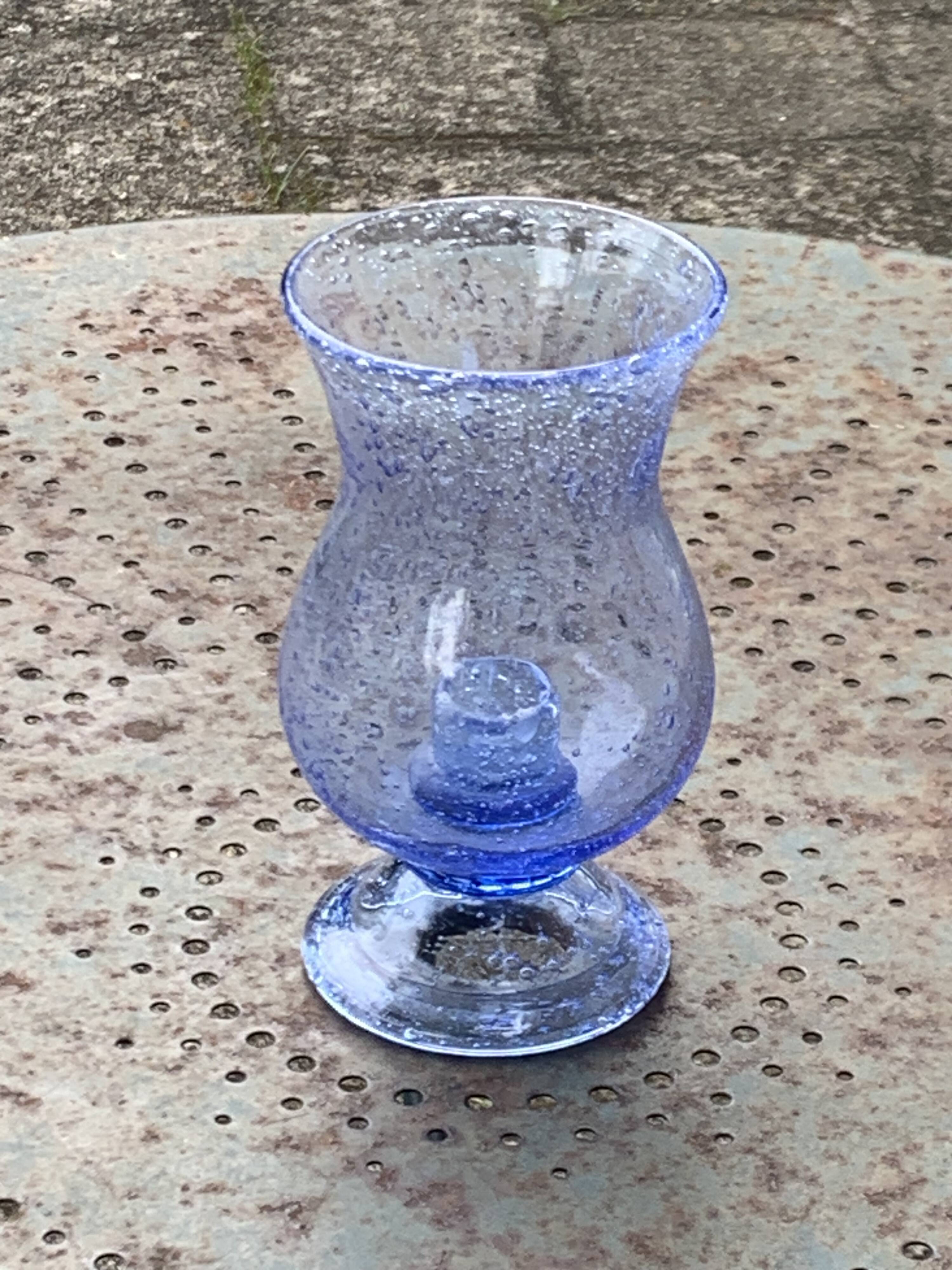 Tealight holder, lavender blue blown glass candle holder from biot glassworks,