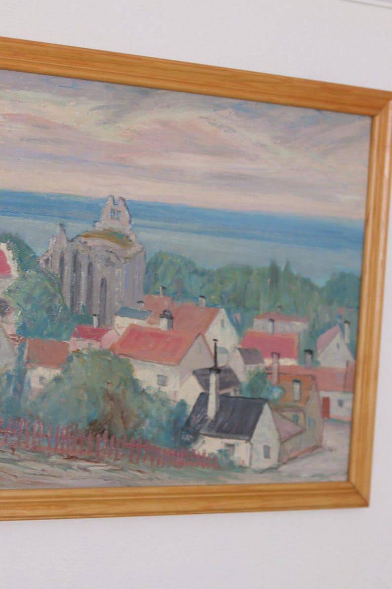 Swedish Oil on Panel “Village Scene” by E. R. Olsson, Vintage & Framed 54 × 66 cm