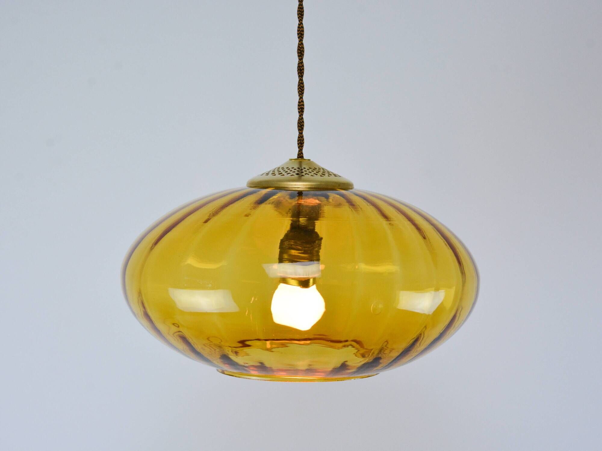 Mid-Century Brass and Amber Glass Pendant Lamp