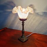 Table lamp in gilded bronze with opalescent glass shade, early 20th century.