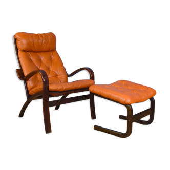 Mid Century Retro Danish Tan Leather Bentwood Armchair and Footstool