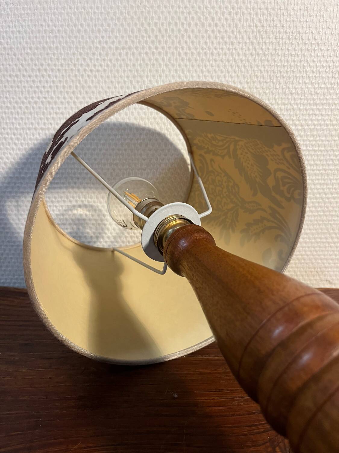 Solid wood table lamp with baroque shade from the 70s