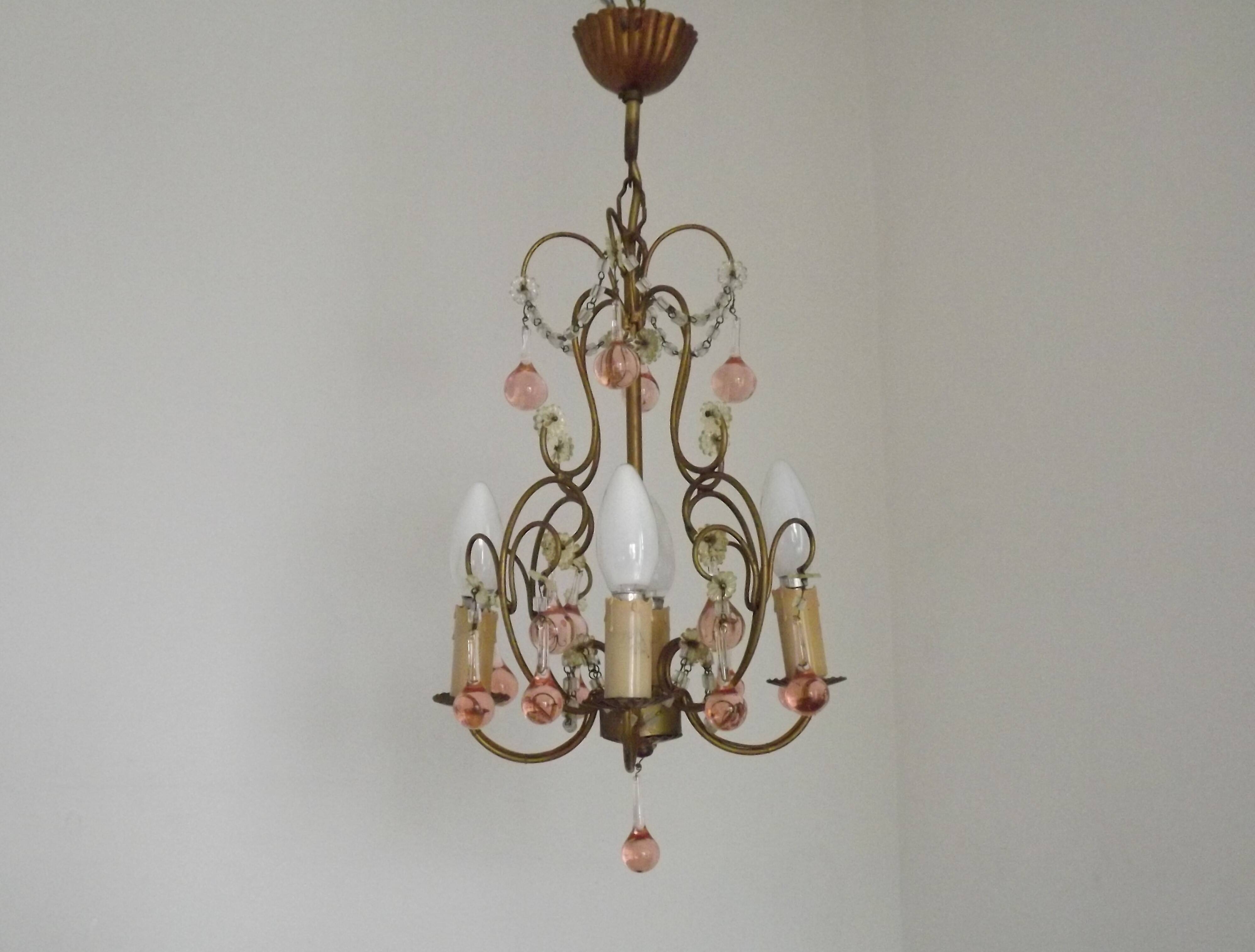 French Vintage 4 Light Metal Cage Chandelier with Bead Swag and Pink Murano Drops