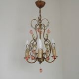 French Vintage 4 Light Metal Cage Chandelier with Bead Swag and Pink Murano Drops