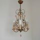 French Vintage 4 Light Metal Cage Chandelier with Bead Swag and Pink Murano Drops