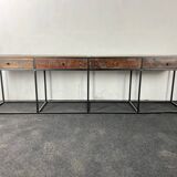Console in old wood and metal base with 4 drawers