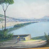 View of the Bay of Naples with Vesuvius erupting