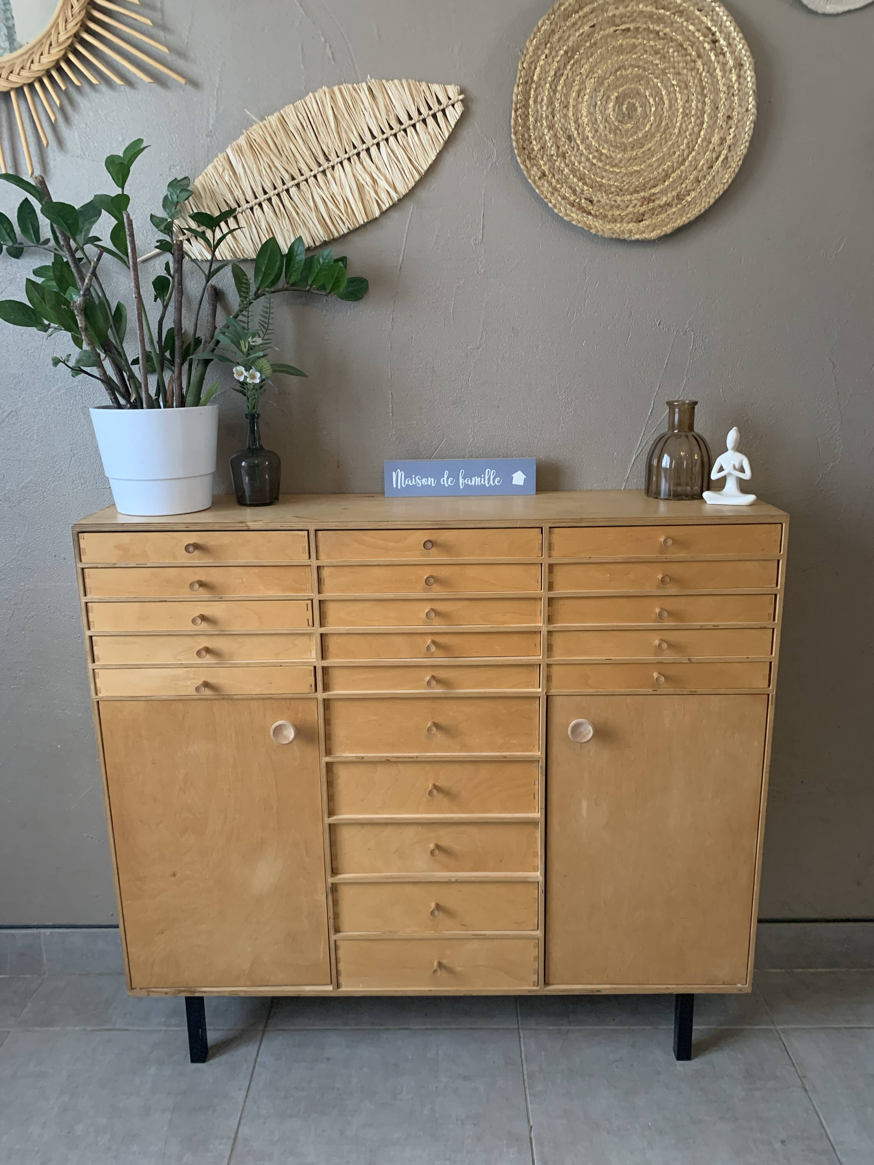 Vintage 20-drawer craft cabinet, 1960s in raw wood