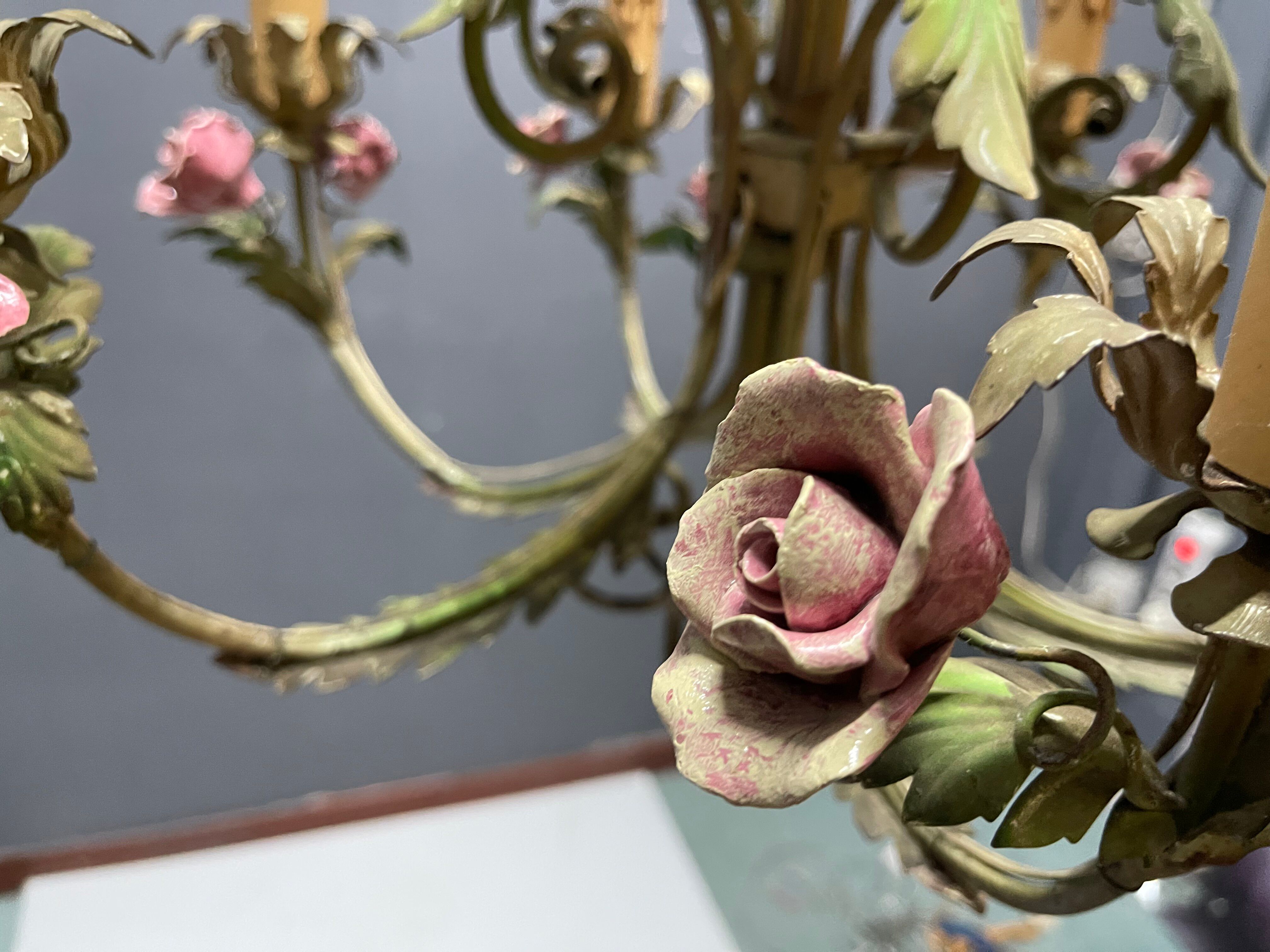 Italian Florentine Tole and Ceramic Flower Chandelier, 1950s