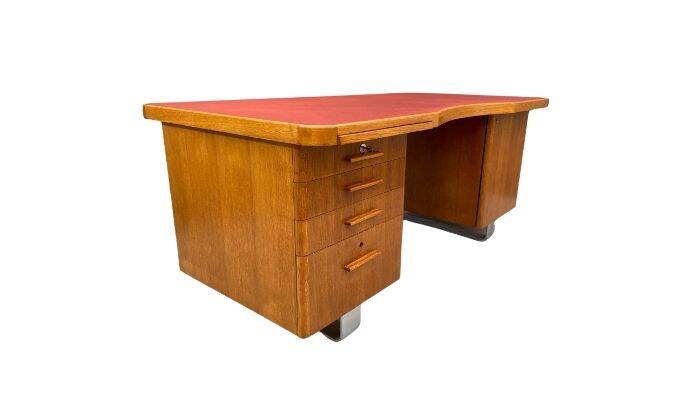 Bauhaus Walnut Writing Desk with Red Top