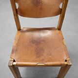 Set of 4 chairs from the 1960s in elm and patinated leather.