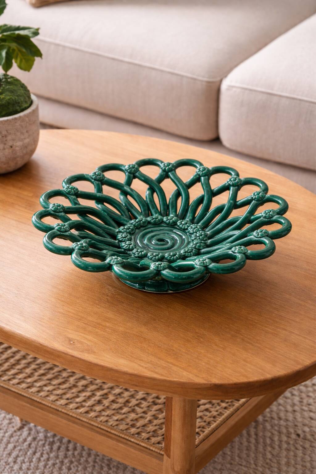 Openwork green ceramic bowl from Vallauris, 1950s.