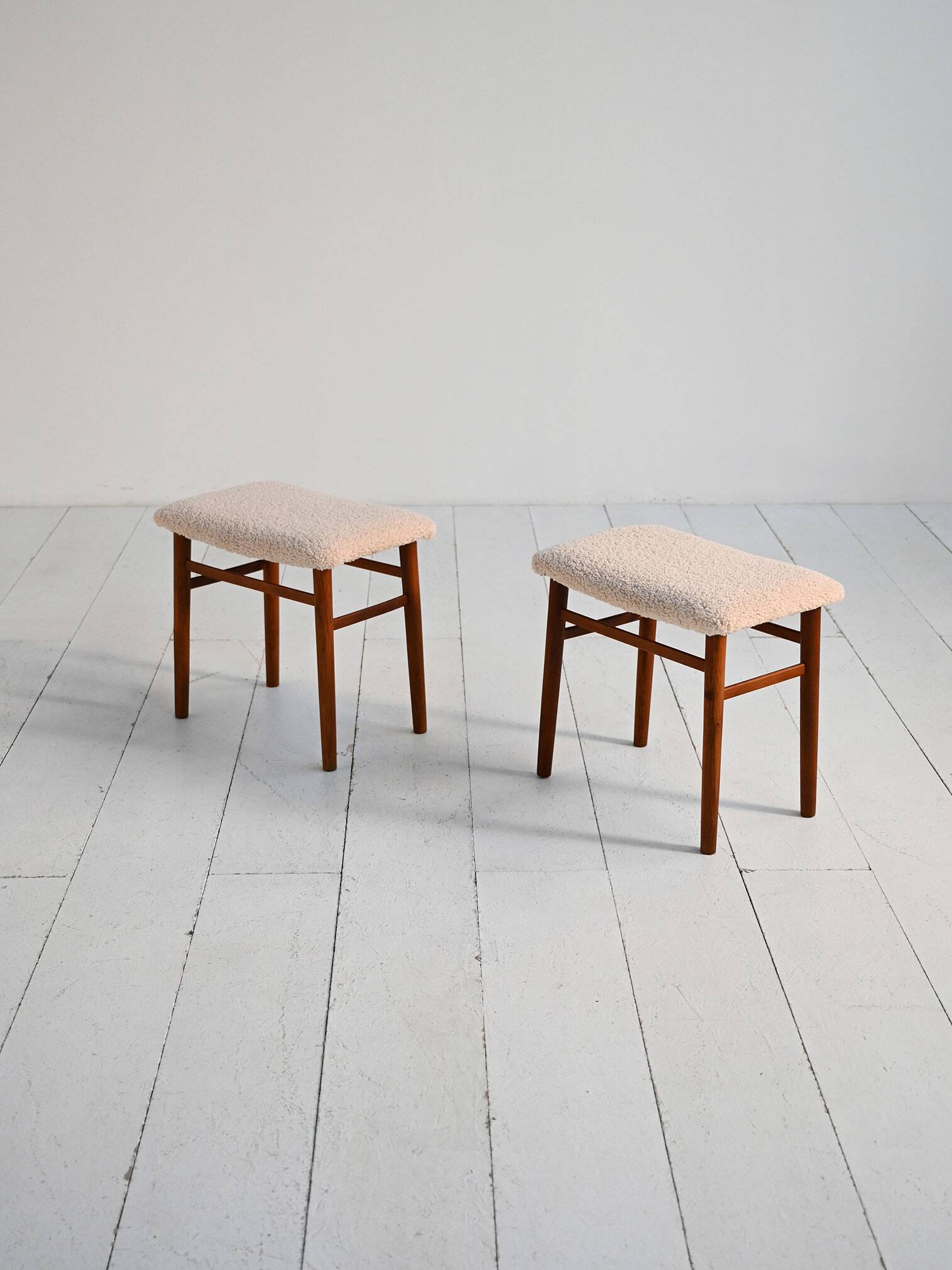 Scandinavian teak stools with sheepskin seat, 1960s