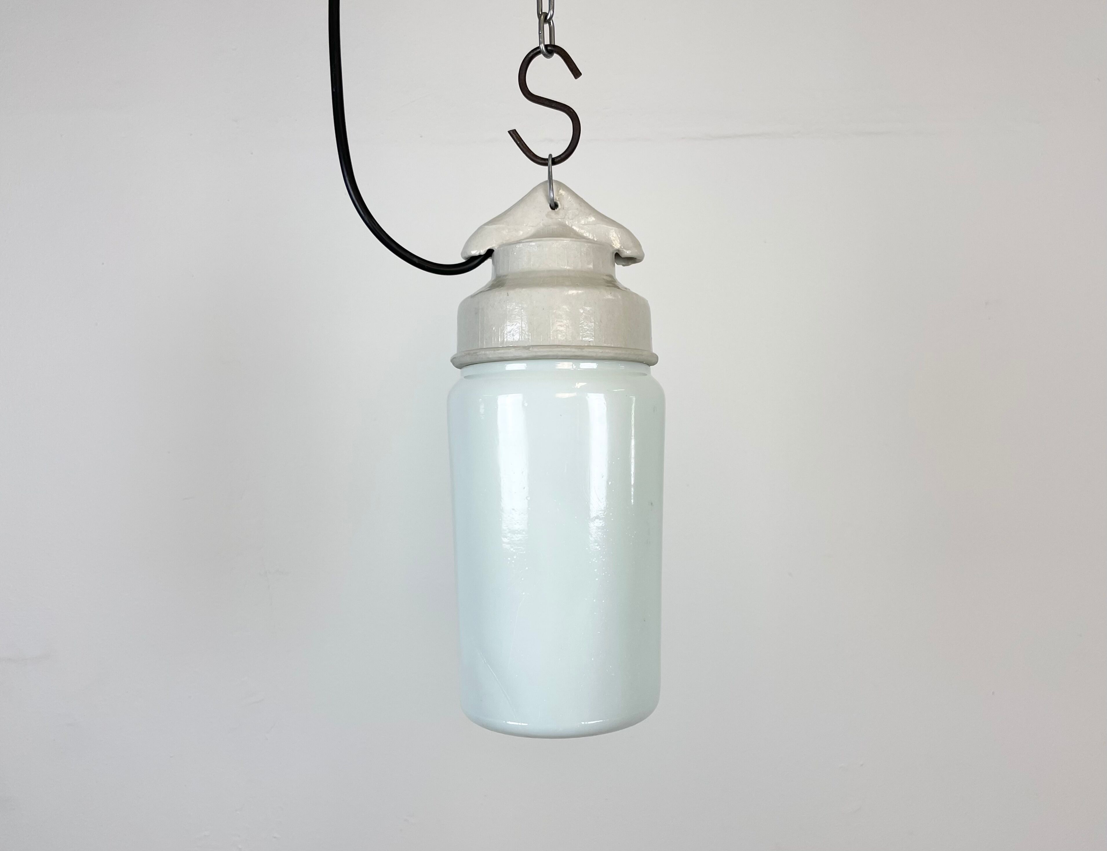 Industrial White Porcelain Pendant Light with Milk Glass, 1970s
