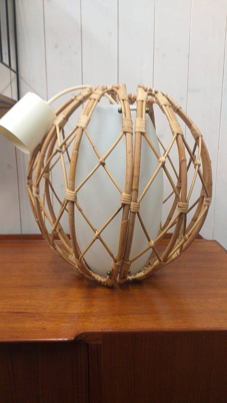 Vintage rattan and opaline pendant light