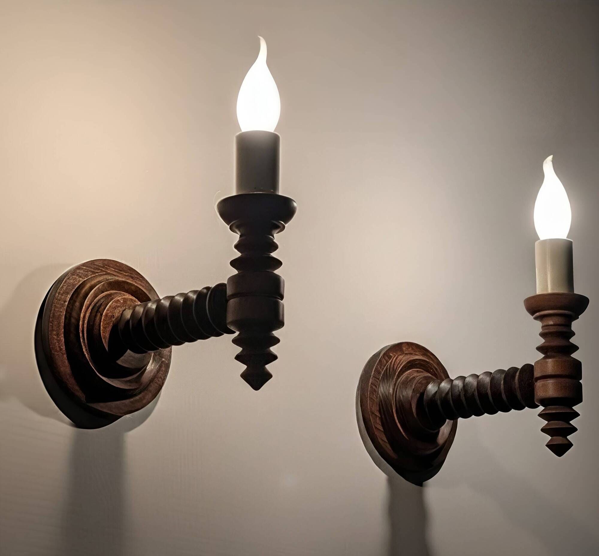 Pair of Charles Dudouyt French Turned Wood Wall Sconces, 1940s
