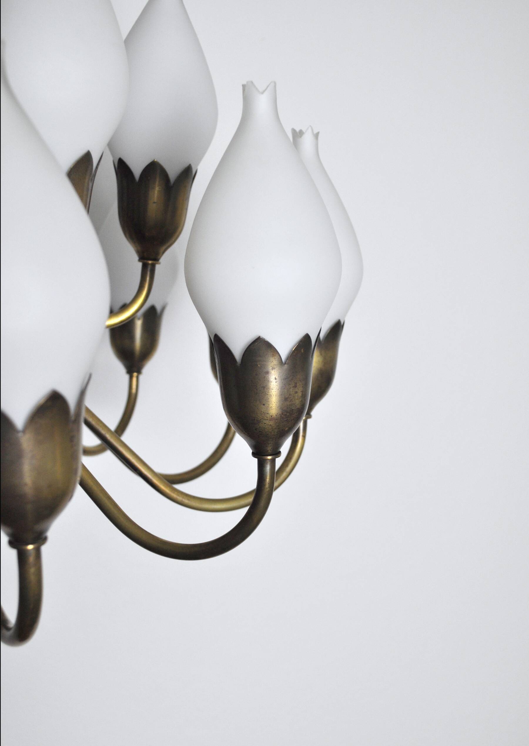 Fog & Mørup 18-Arm Brass and Opaline Glass Tulip Chandelier