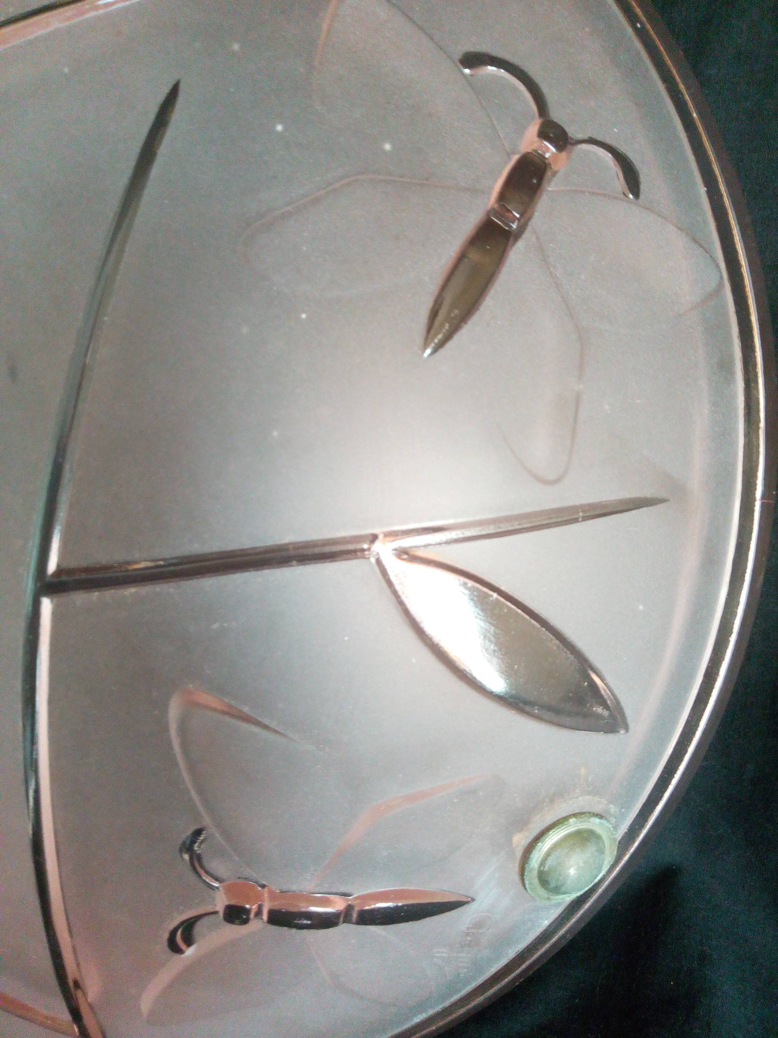 Art Deco pendant lamp in molded and pressed glass signed Degué, dragonfly motifs