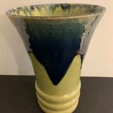 Vase en céramique émaillée évasé bleu, jaune vert