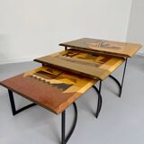 Table basse gigogne marqueterie géométrique design italien vintage