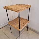 Table, harness with shelf - Rattan, wrought iron base - In the style of Raoul Guys - 1960