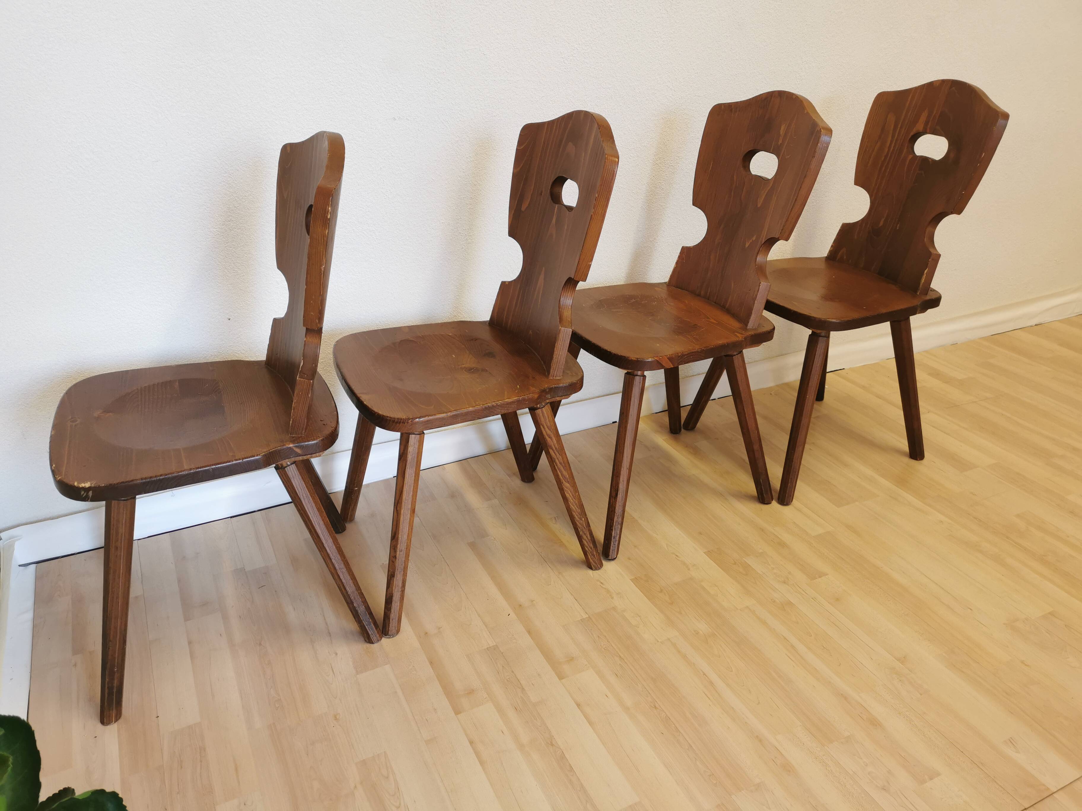 Vintage Tyrolean Wooden Dining Chairs - 1970s Farmhouse Style - Set of 4
