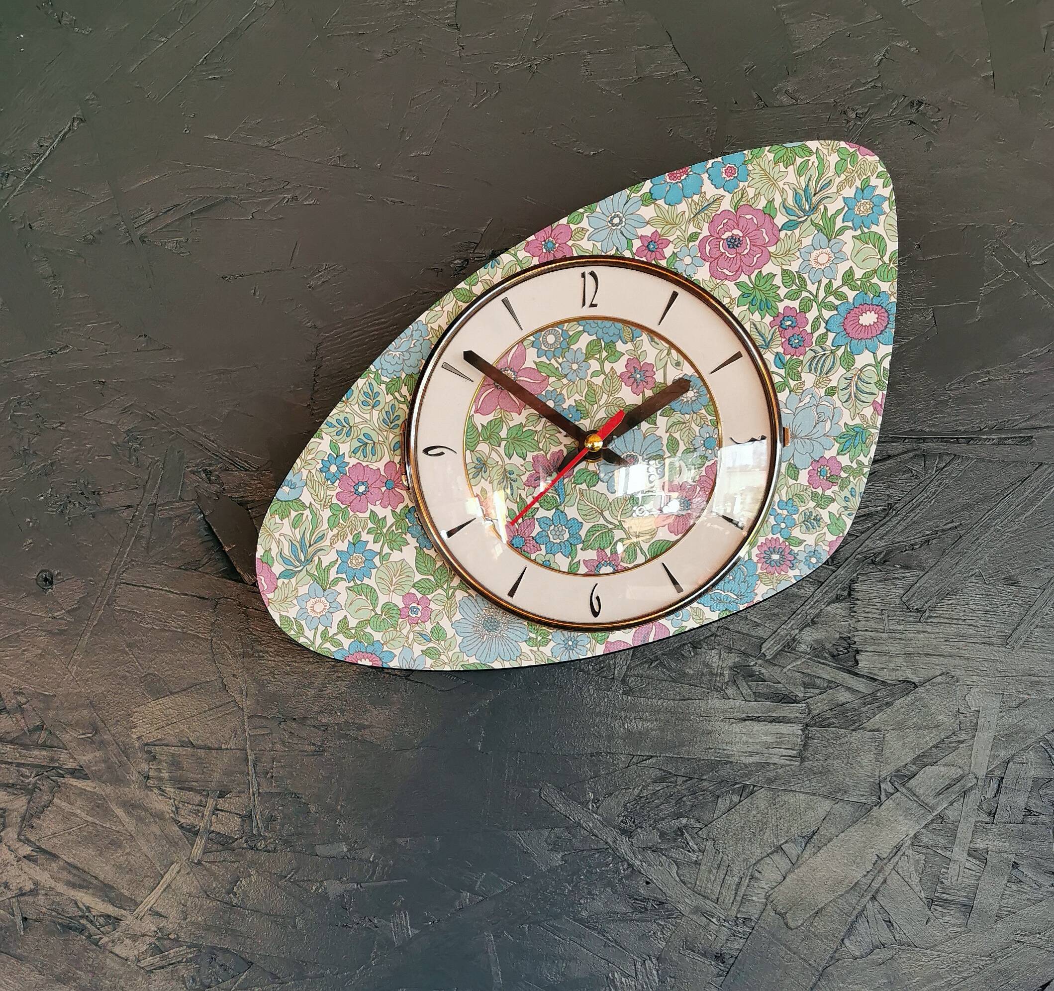Vintage formica clock silent asymmetrical wall pendulum "Flowered blue purple"