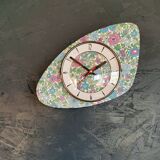 Vintage formica clock silent asymmetrical wall pendulum "Flowered blue purple"