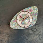 Vintage formica clock silent asymmetrical wall pendulum "Flowered blue purple"