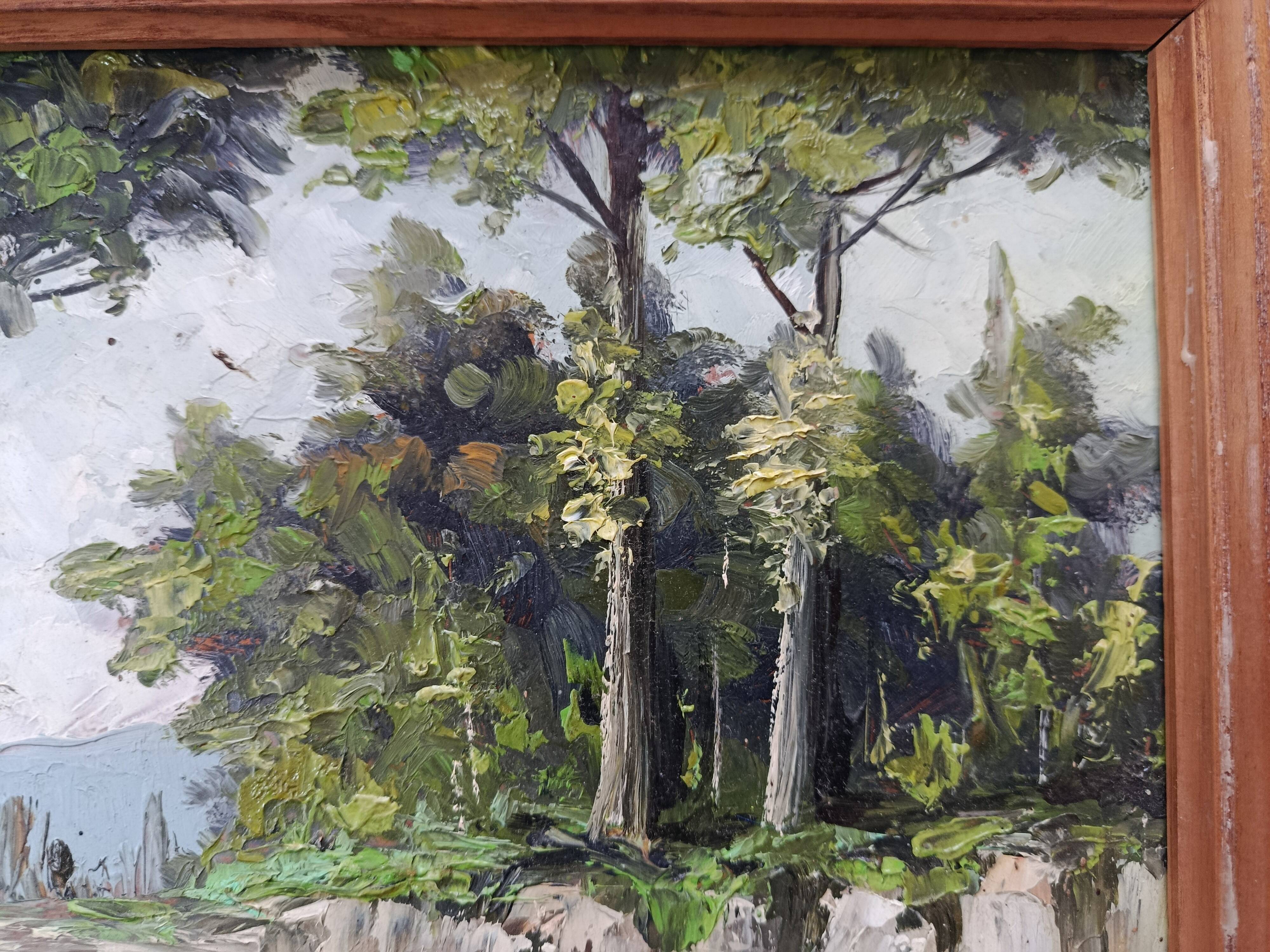 OIL ON PANEL 20th CENTURY: LANDSCAPE river and forest, signed H.L or S.L., frame